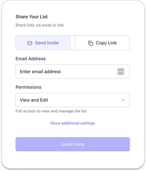 List sharing interface showing email invites, link sharing, and access permissions